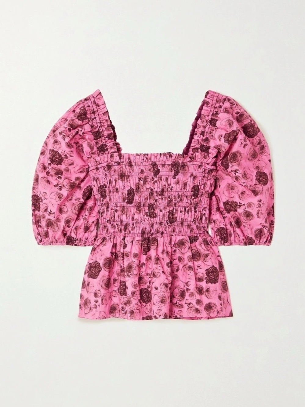 GANNI Pink Floral Poplin Smocked Blouse – Size 36